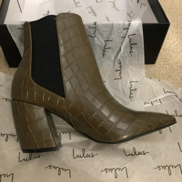 NWB Lulus Cecy Khaki Croc Ankle Boots - Picture 4 of 12